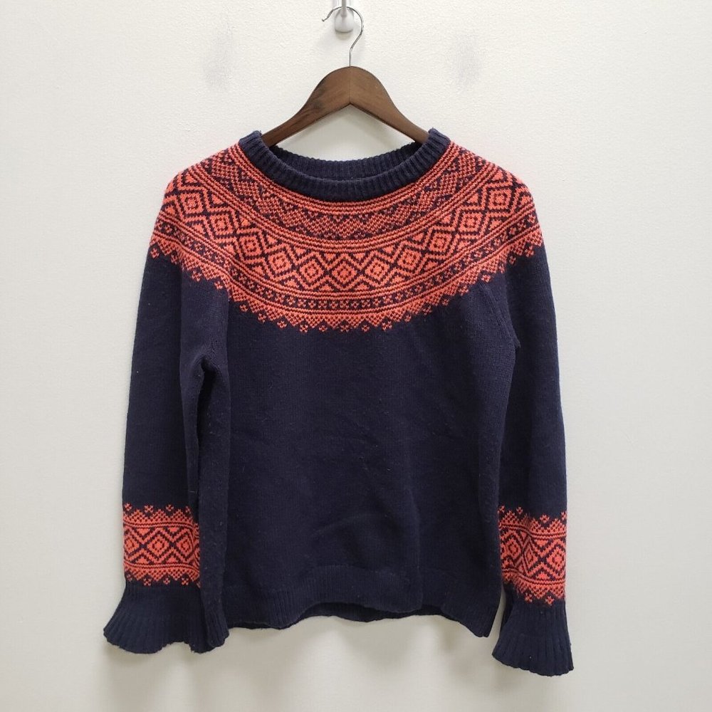 J Crew Womens Fair Isle Ruffle Sleeve Sweater Size M Merino Wool Blend Navy Blue